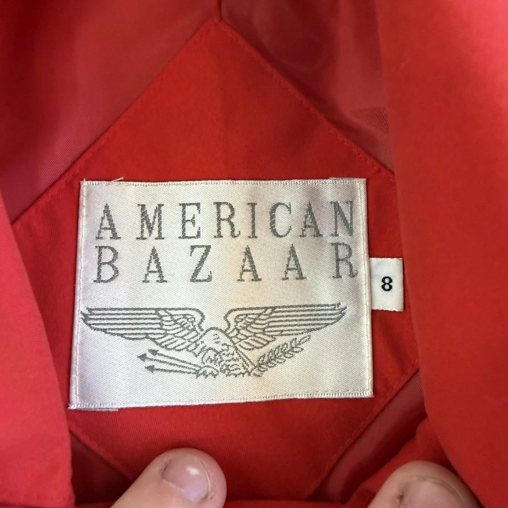 Vintage American Bazaar Coat Womens 8 Red Polyester Trench Button Long Lined